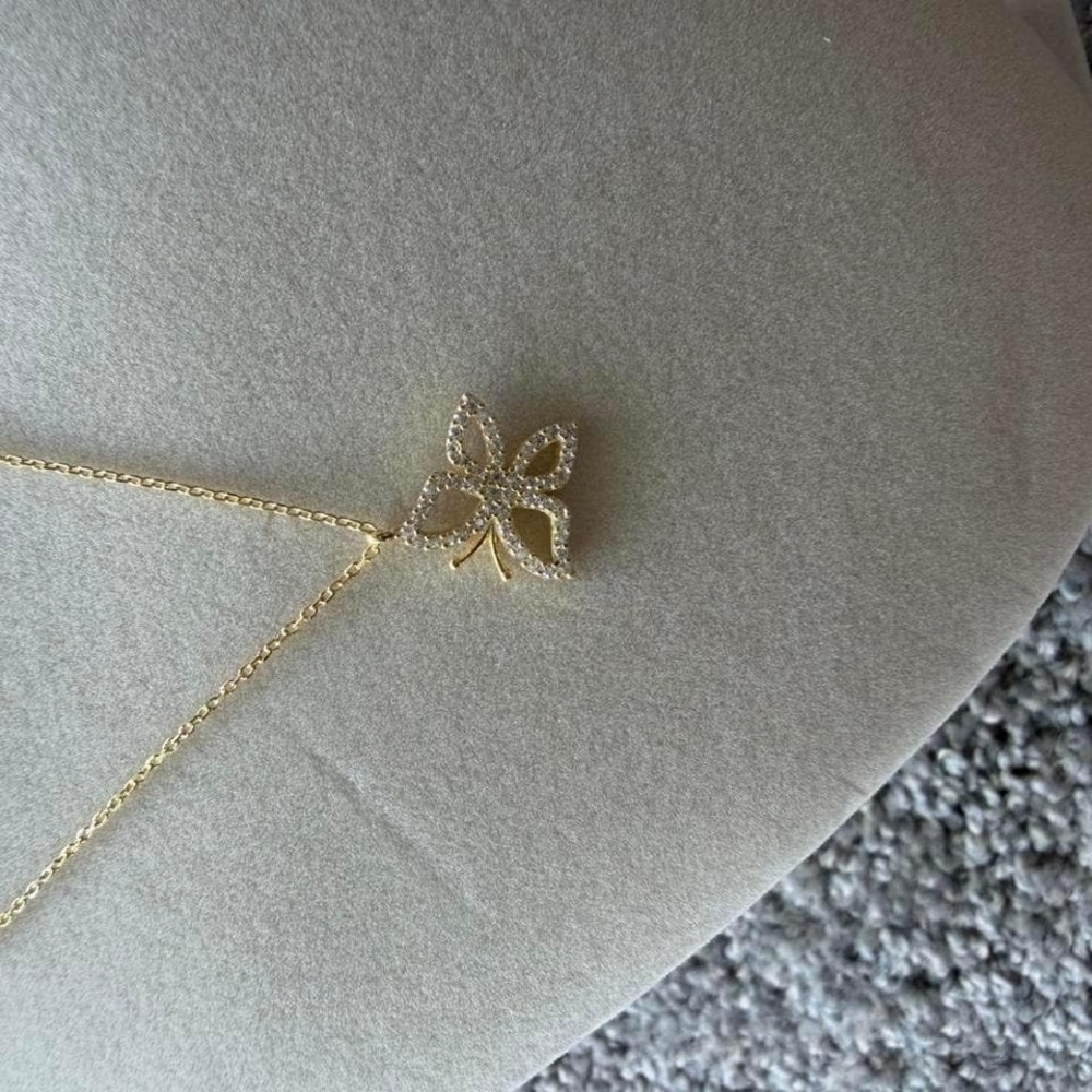 Gold Butterfly Pendant Necklace Pavé Crystal Charm Dainty Jewelry - Picture 2 of 6